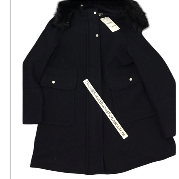 ZARA NAVY BLUE WOOL BLEND DETACHABLE FAUX FUR HOOD COAT WITH POCKETS $129 - Picture 10 of 14